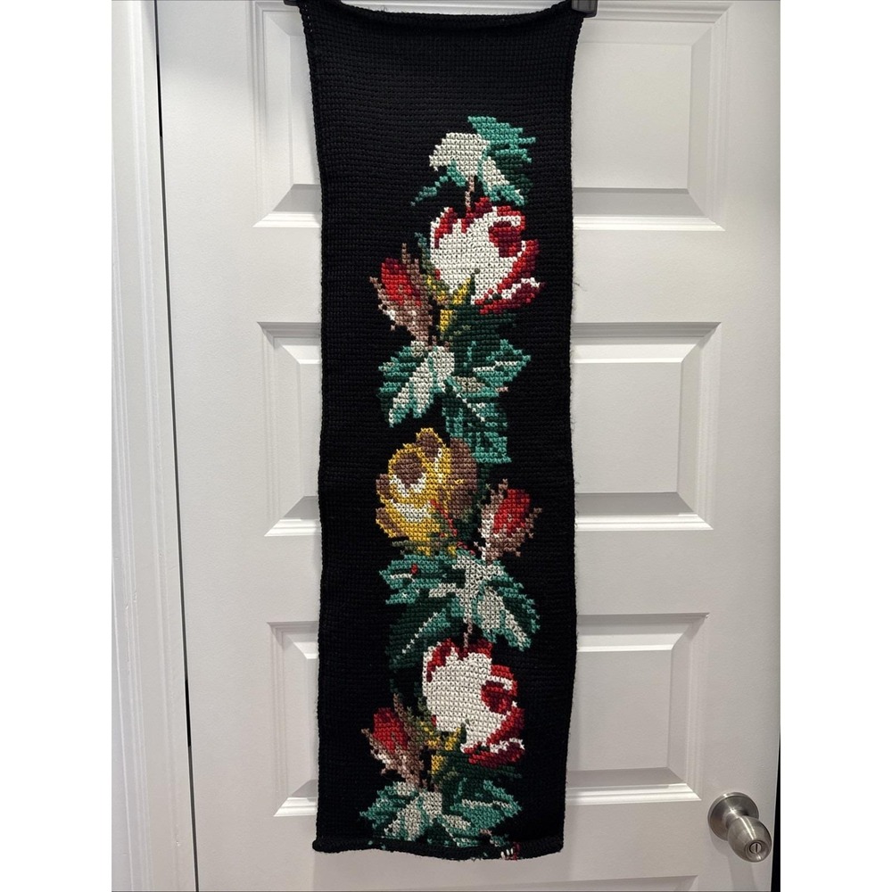 VTG Scandinavian Embroidered Cross Stitch Knit Bell Pull Wall Hanging Floral 40"